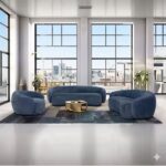 Joyce – Salon en velouté bleu, modèle carré. Luxe, douceur, élégance.